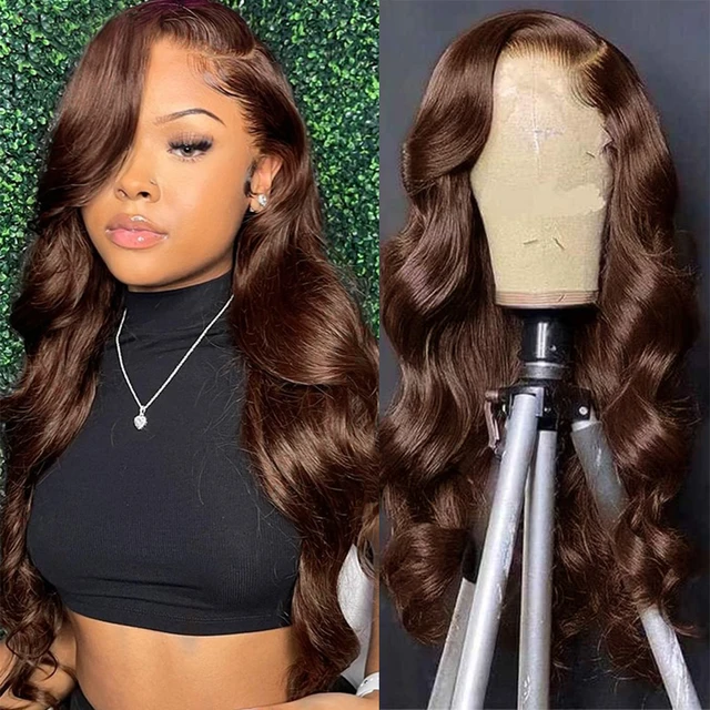 Chocolate brown x lace frontal human hair wigs for women body wave hd transparent lace front