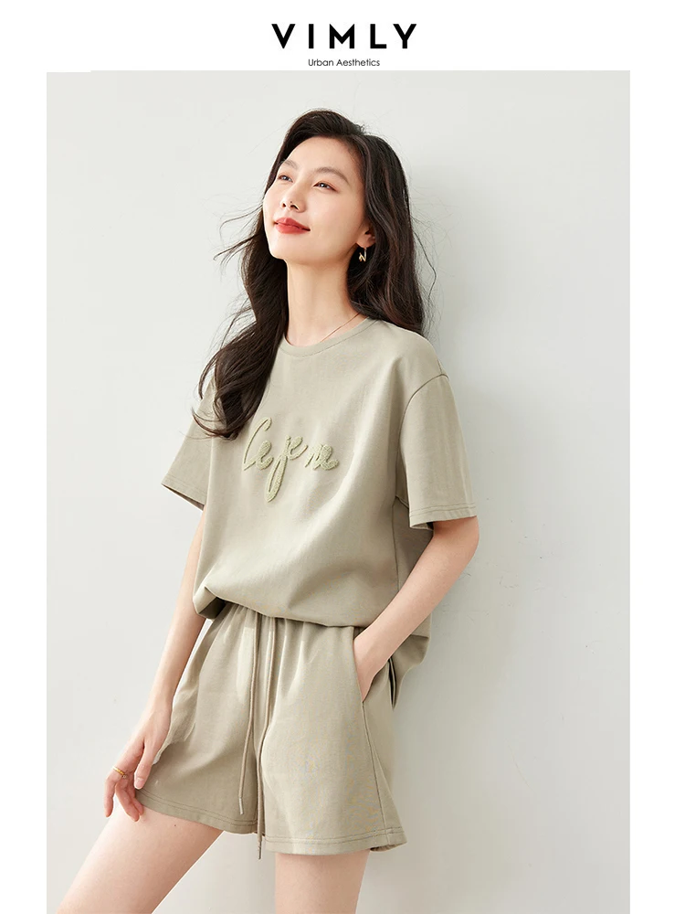 VIMLY Sporty Style Short Sleeve Women Suit 2024 Summer Embroidered Top Loose Drawstring Shorts Casual Two Piece Set Female M6909