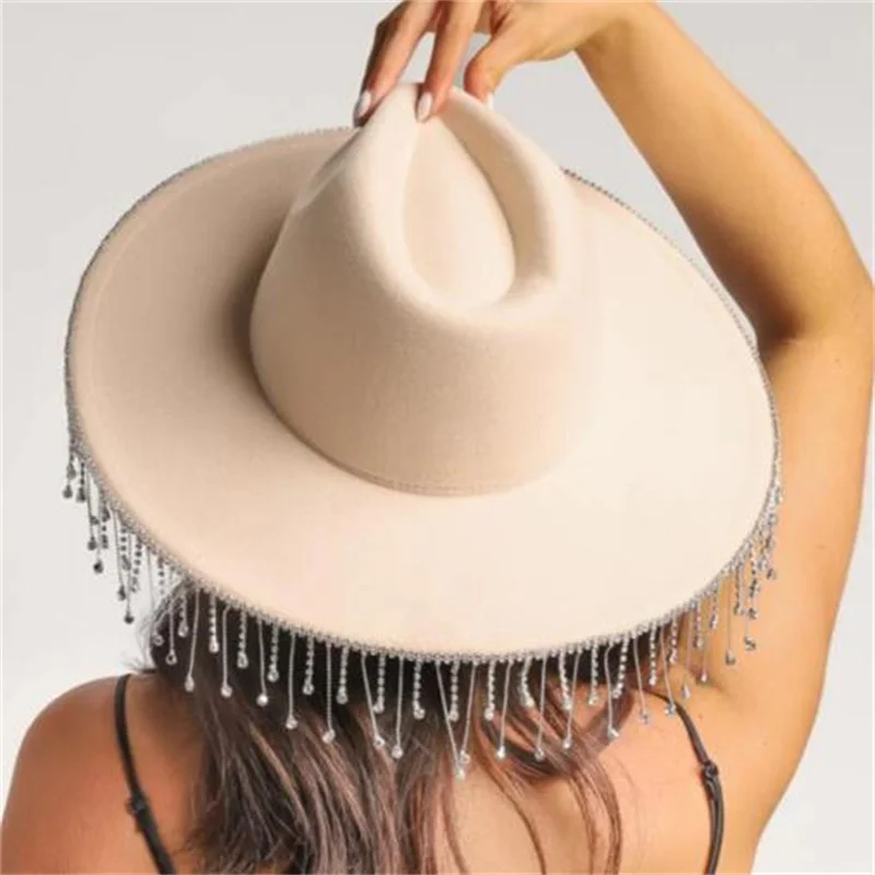 CHRONSTYLE Rhinestones Tassels Cowboy Hat Party E-girls Casual Outwear Feather Patchwork Caps Vintage Elegant Hats Clubwear,cowboy hats