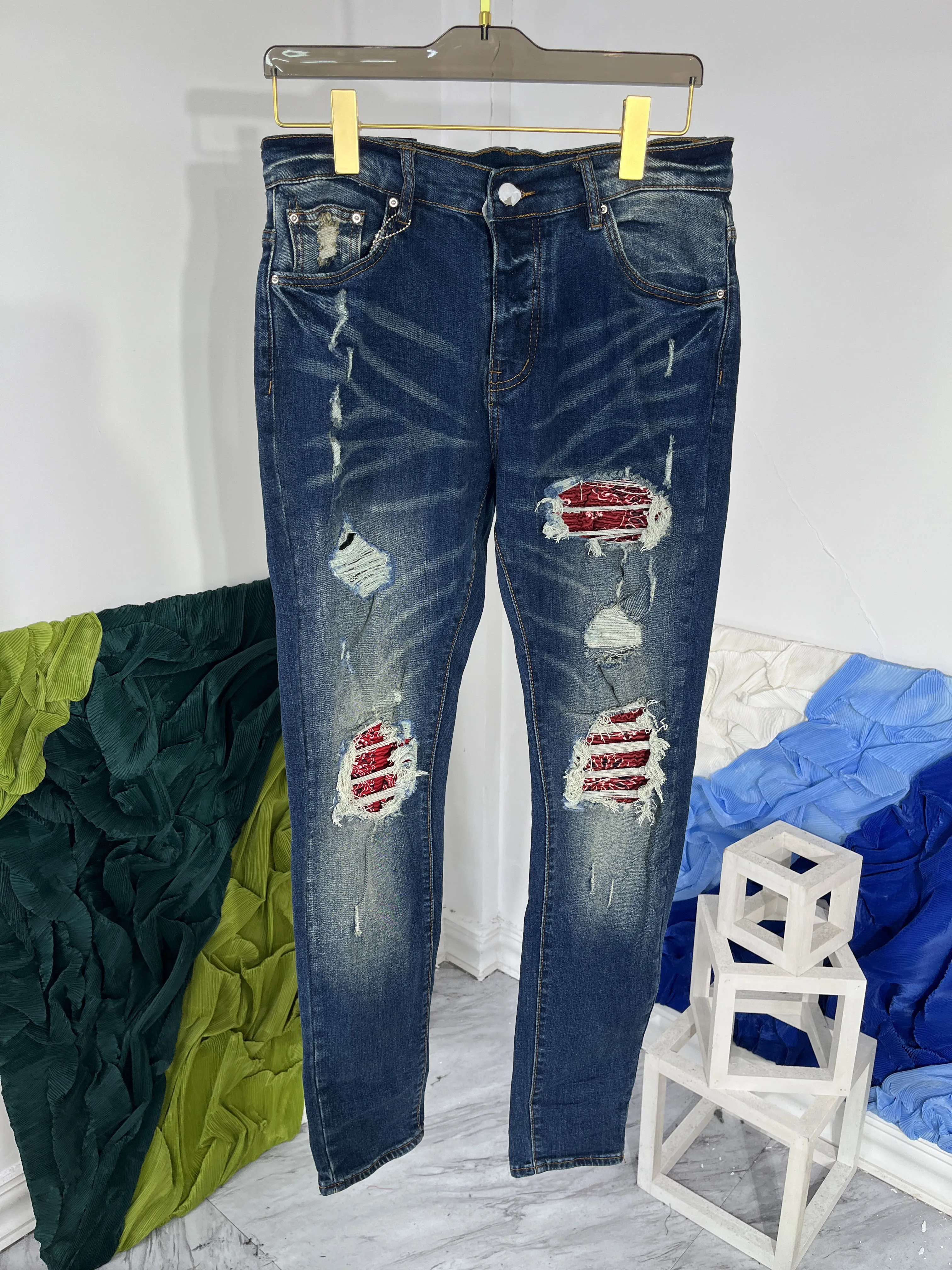 2023 Summer Chic Men's High Quality Brand New Designer Blue Ripped Jeans Denim Pants C542