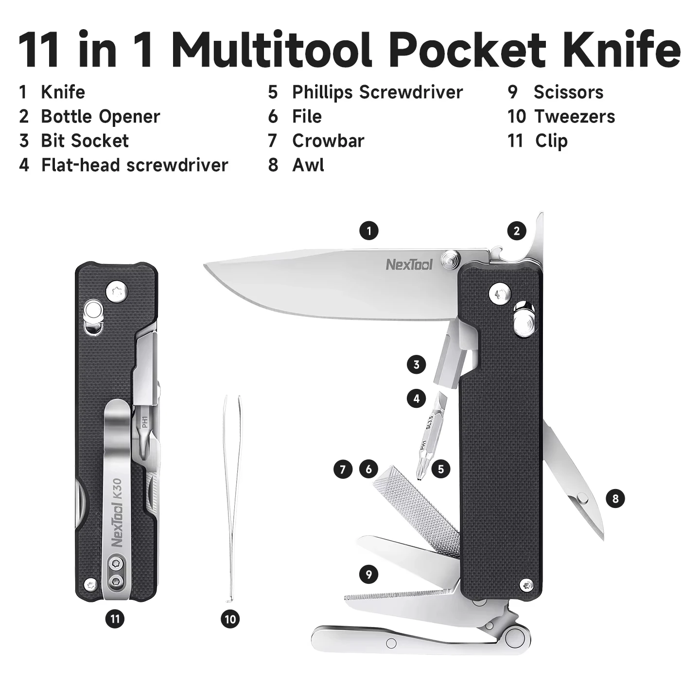 NexTool Knight EDC 포켓 나이프 K30 11 In 1 멀티 도구 야외용 접이식 칼 미니 휴대용 접이식 가위 수공구