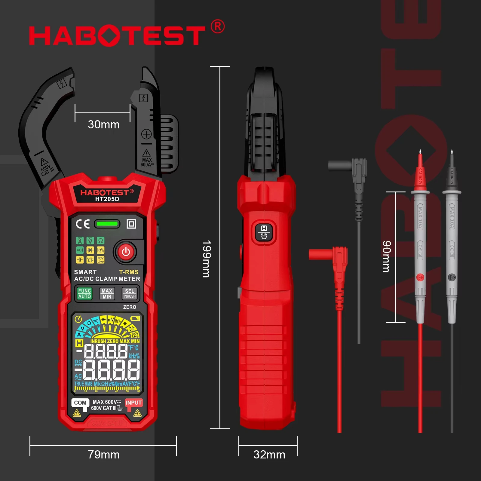 HABOTEST HT205 Clamp Meter 600A True RMS AC/DC Current Amp Meter Measures Current Voltage Temperature Capacitance Ohm Tester clamp meter