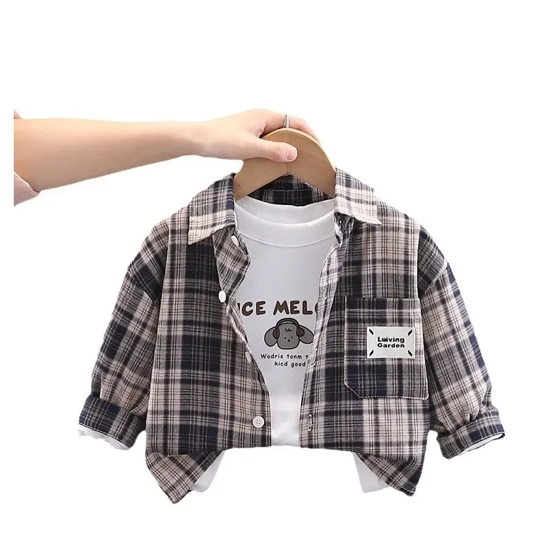 Spring Outfit Set for Boys And Girls Plaid Shirt Color Block Design Korean Style Baby Boys Spring Fashion Children's Clothing