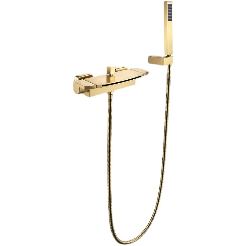 Bathtub Shower Set Wall Mounted Bathroom Double Handle Brush Gold Waterfall Bathtub Faucet Solid Brass Casted Water Saving 6