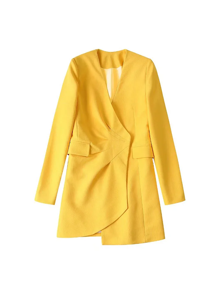 

BBWM Feminine Chic Spring Autumn Suit Style Dress Women Fashion Asymmetric Design Long Sleeve Flap Pocket Yellow Mini Dress