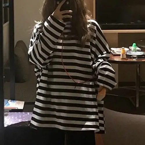 한국 캐주얼 오버사이즈 여성 티셔츠, 하라주쿠 스트라이프 티셔츠, 긴팔 O넥 티셔츠, 가을 풀오버 상의, 여성 블라우스 3