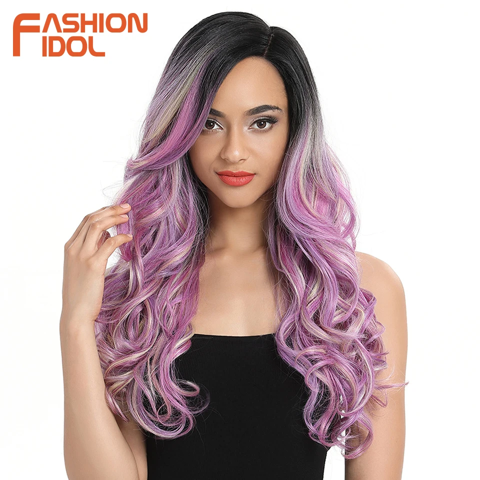 FASHION IDOL 22 Inch Body Wave Cosplay Wigs Synthetic Long Wavy Ombre Violet Heat Resistant Fiber Lace Front Wigs For Women