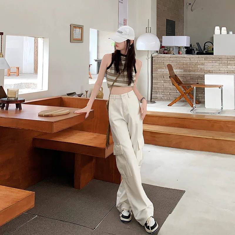 Y2k Large Pink Denim Cargo Pants for Women in Summer Sweet and Spicy High Waist Straight Tube Loose Wide Leg Mop Pants Pants Ins
