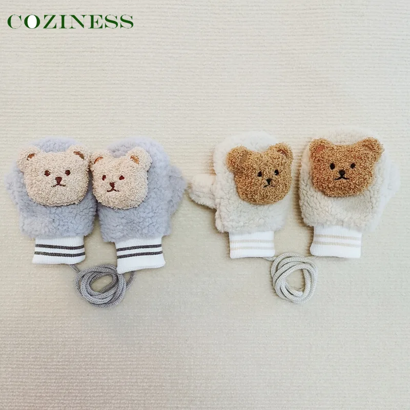 

Baby Gloves Embroidery Bear Plus Velvet Soft Comfortable Warm Lanyard Neck Prevent Loss Not Machine Washable Winter Kids Gloves