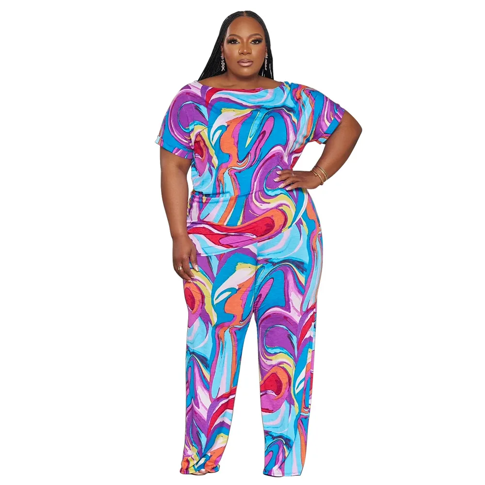 Printed Loose Fashion Two piece Suit Women Plus Size Outfits Short Sleeves T Shirt Casual Pants