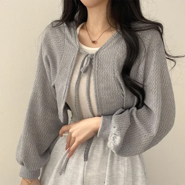 Cardigan de malha branco com decote em V e manga lanterna