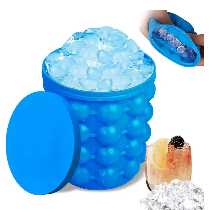 Ice Cube Mold Ice Tray Large Silicone Ice Bucket (2-In-1) Ice Cube Maker Circular Portable (Dark Blue) Suitable for Summer