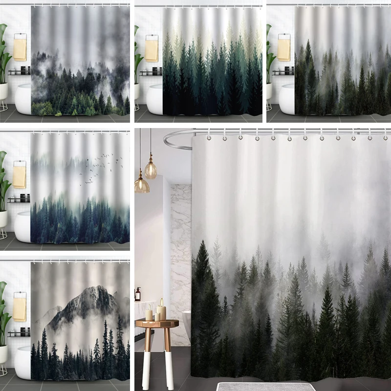 

Занавески для душа в форме туманного леса для ванной, занавески для ванны из натурального леса, водонепроницаемые декоративные занавески для ванной комнаты с крючками