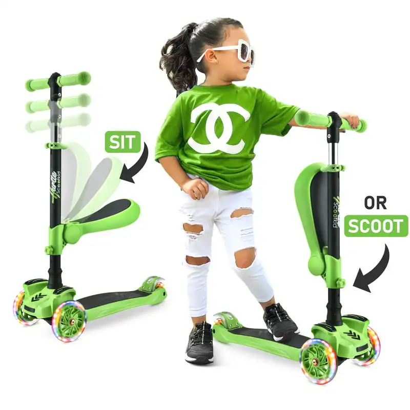 

Hurtle ScootKid 3 Wheel Toddler Ride On Toy Scooter w/ LED Wheels, Green