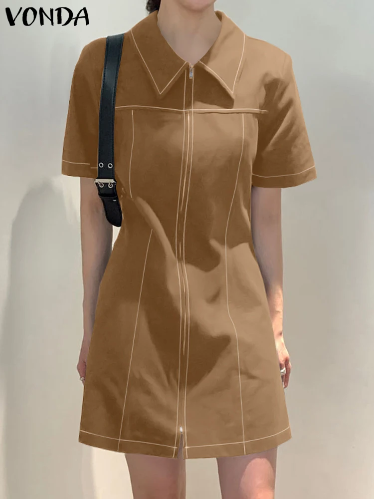 

Women Office Dress 2023 VONDA Fashion Sundress Sexy Lapel Neck Summer Party Mini Dress Casual Loose Robe Femme Baggy