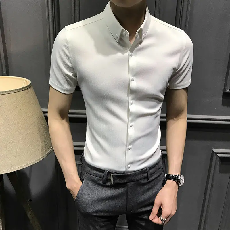 Camisas y blusas musculosas para hombre, camisetas negras a rayas de manga corta para hombre con cuello, estéticas, normales, elegantes, de algodón y seda