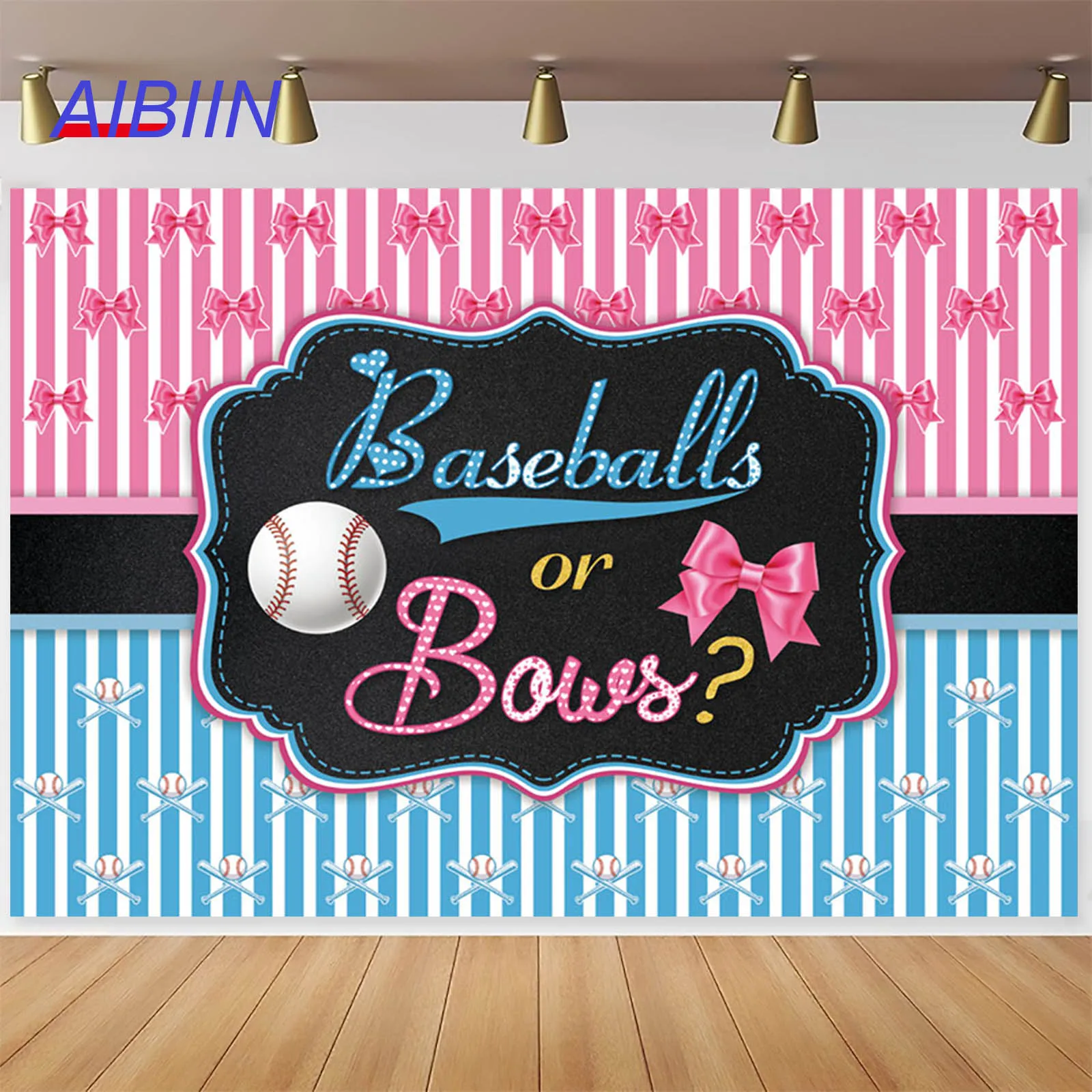 

AIBIIN Baseball or Bow Gender Reveal Backdrop Boy or Girl Baby Shower Party Decorations Supplies Newborn Photography Background