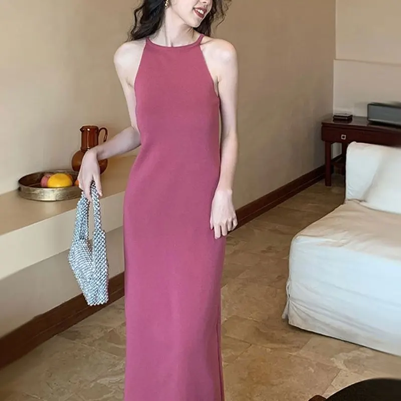 

Female Clothing Solid Color Slip Dresses Sexy Elegant Sleeveless 2024 Summer Vintage Basic Slim Fashion Waist Bag Hip Long Dress