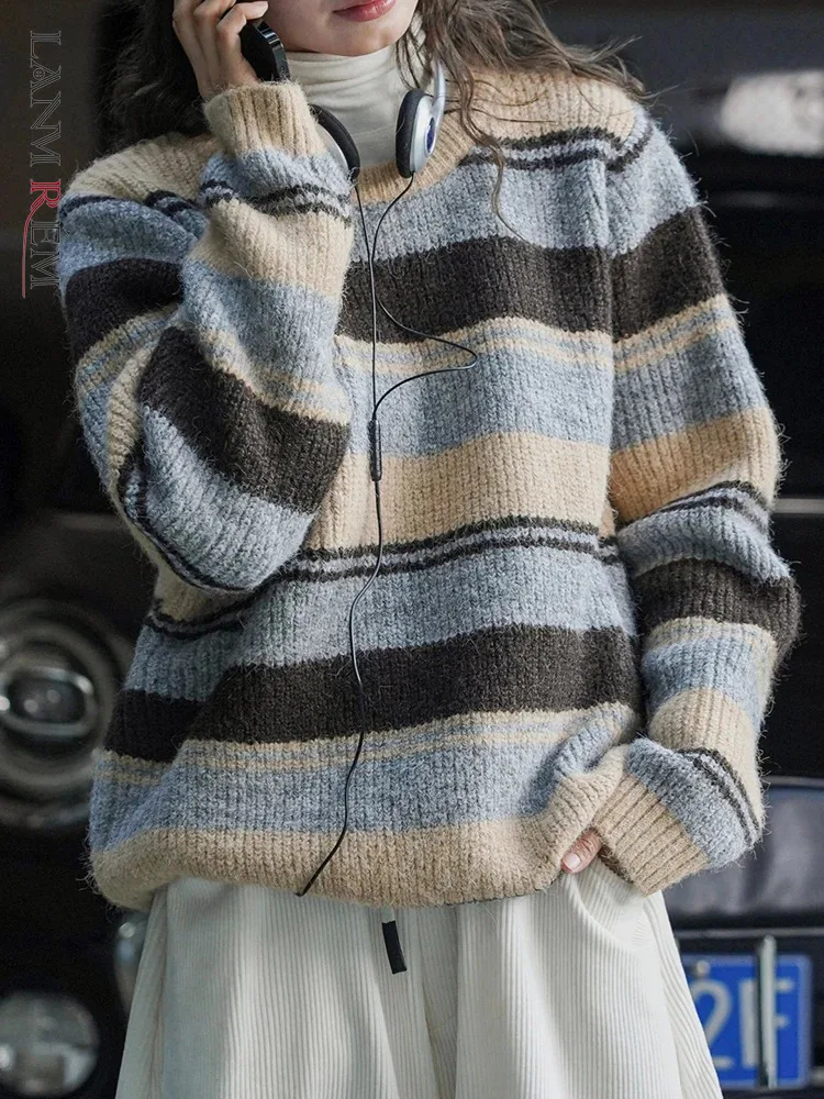 

[LANMREM] Vintage Striped Wool Knitting Pullover Sweater For Women 2023 Winter New Round Neck Long Sleeve Warm Tops 26D7262