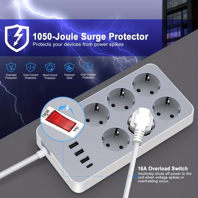10-in-1 Power Strip with Surge Protection EU Plug AC Outlets Multitap Socket Extension Socket Adapter