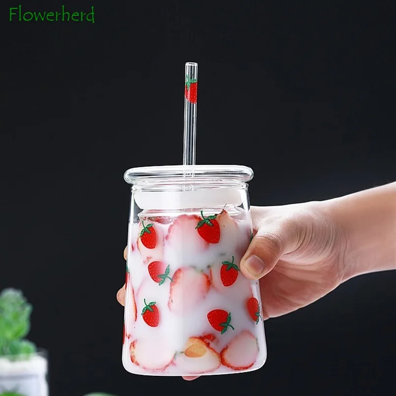 Large Capacity Water Bottle with Straw Cute Strawberry Glass Cup with Lid Heat-resistant Tumbler Cup Glass Bottle Drinkware