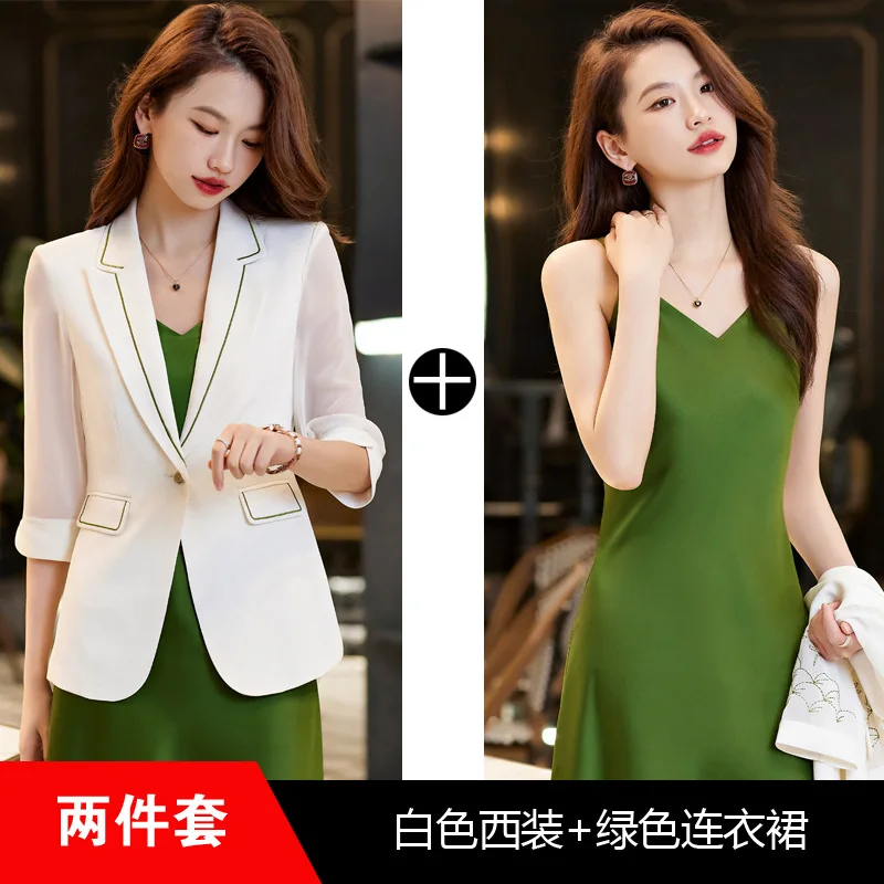 Summer New In Mesh Sleeves Thin Blazer and Satin Spaghetti Strap Dress Sets Two Piece Set Chic Elegant Ladies Dresses Suit