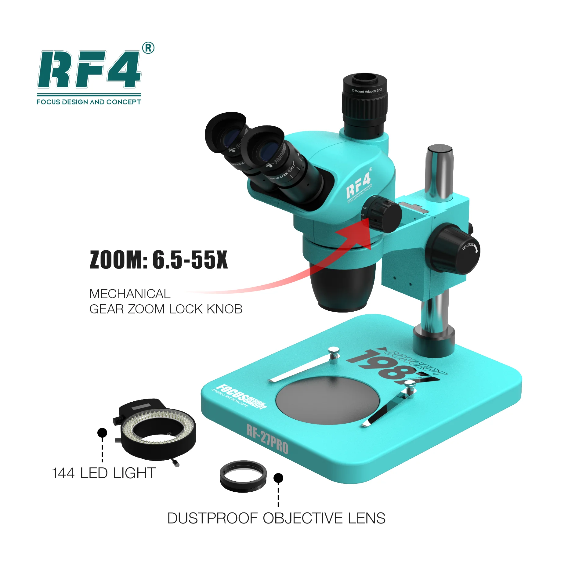 RF46555XMechanicalGearZoomLockKnobTriocularMicroscope