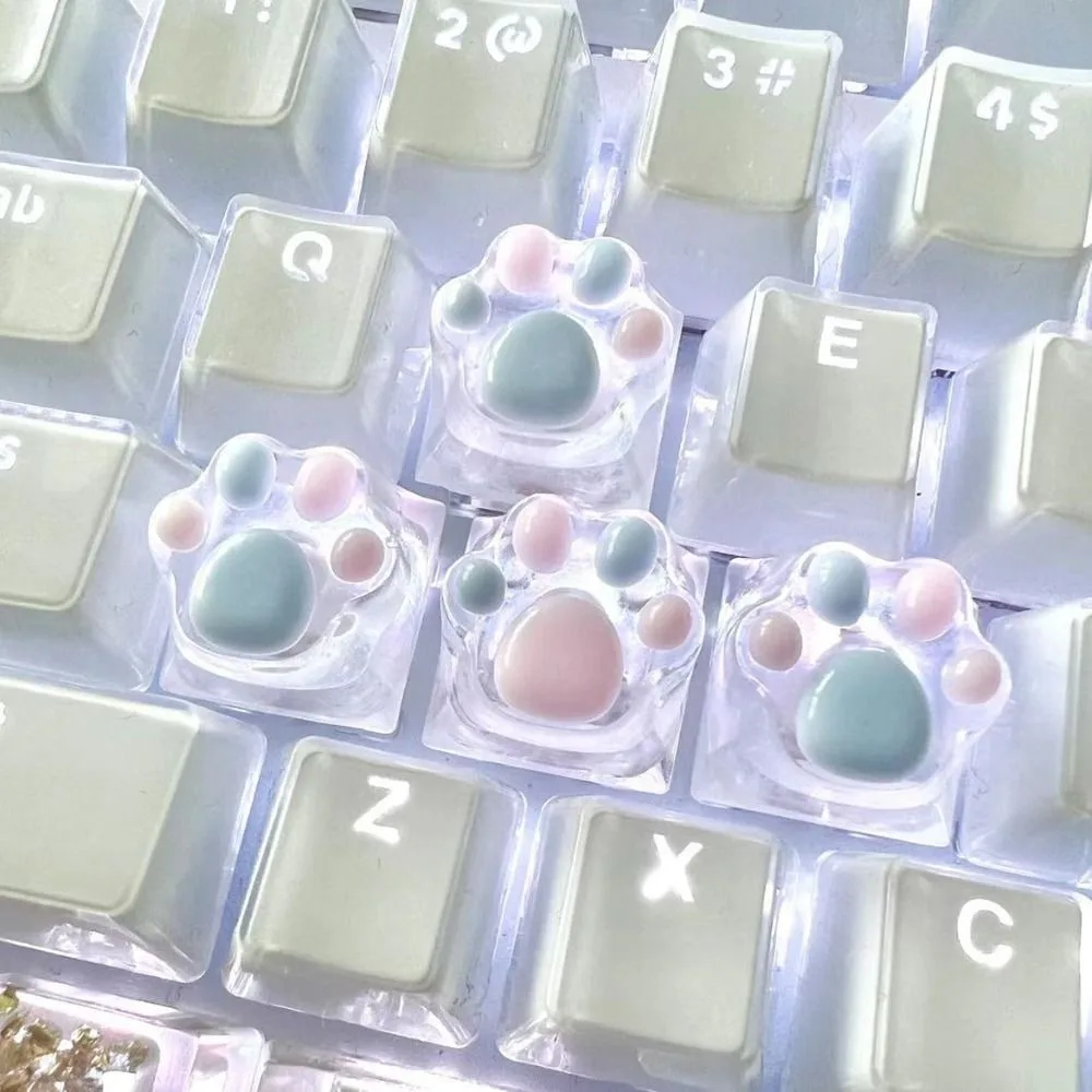 1/4 Pcs Cute Translucent Cat Paw Keycap Cross Axis Pink Blue Mechanical Keyboard Key Cap DIY Cartoon ESC WASD Keycaps