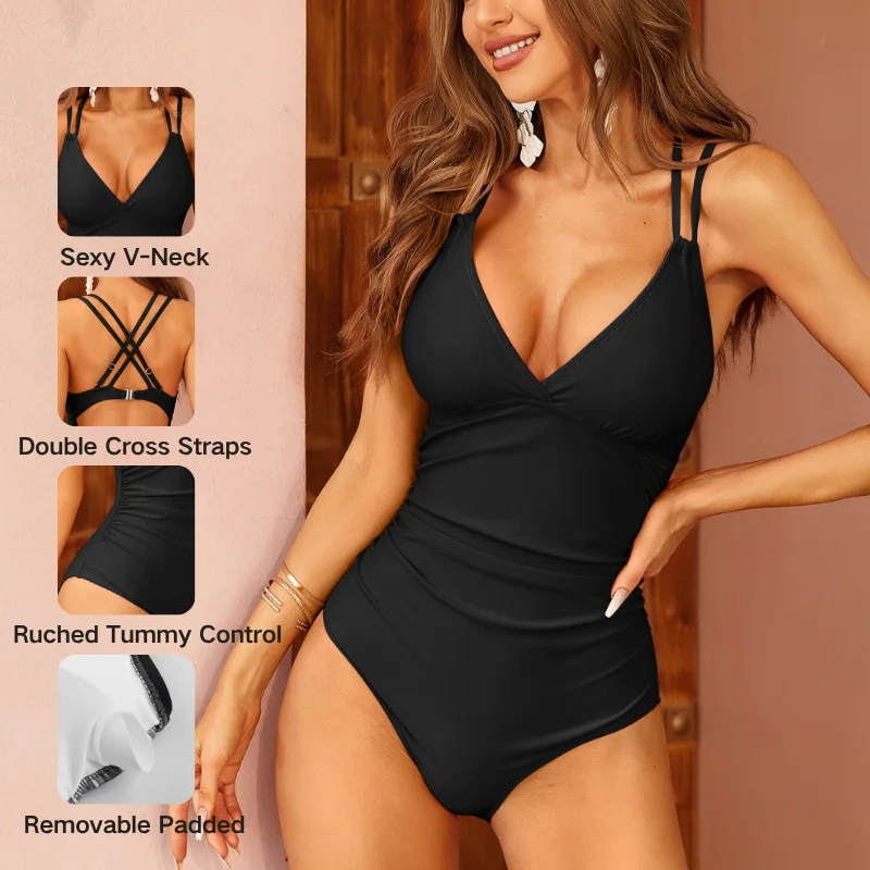 Anfilia Women's Sexy V Neck One Piece Swimsuits Double Strappy Monokini Bathing Suits Crisscross Straps Back Swimwear