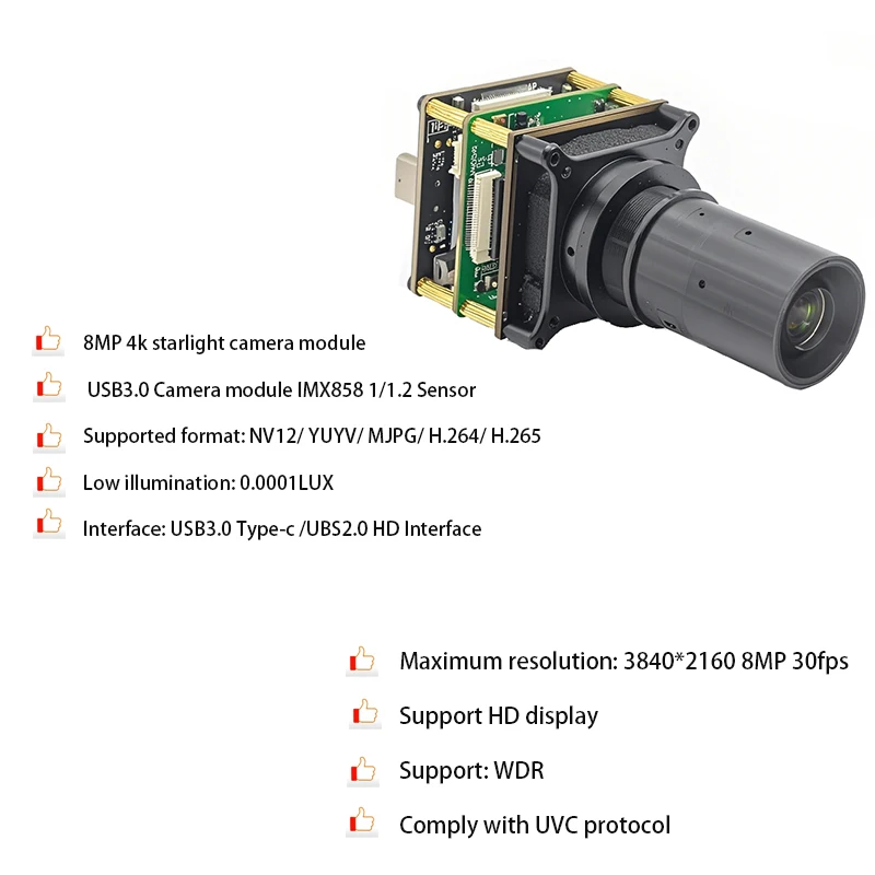 USB 3.0 카메라 모듈 4K 8MP 스타라이트 IMX585 센서 카메라 모듈 타입-C H.264/H.265/HD 인터페이스 0.0001LUX 조도