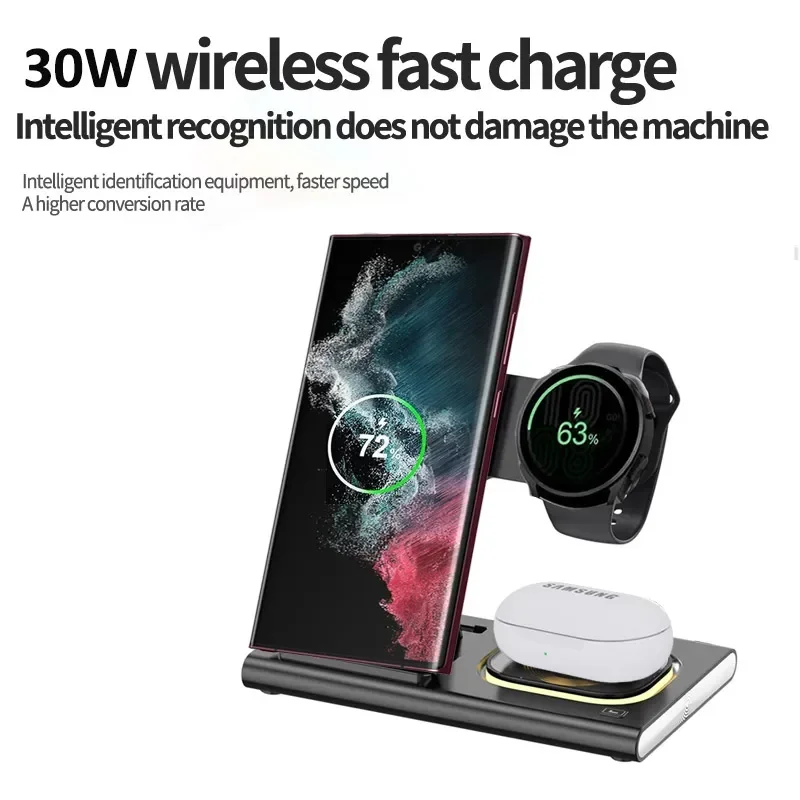 LED 접이식 무선 충전기 스탠드, 고속 충전 스테이션, 삼성 S24, S23, S22 워치 6, 5, 4, 액티브 1, 2, 갤럭시 버드용, 30W, 3 in 1