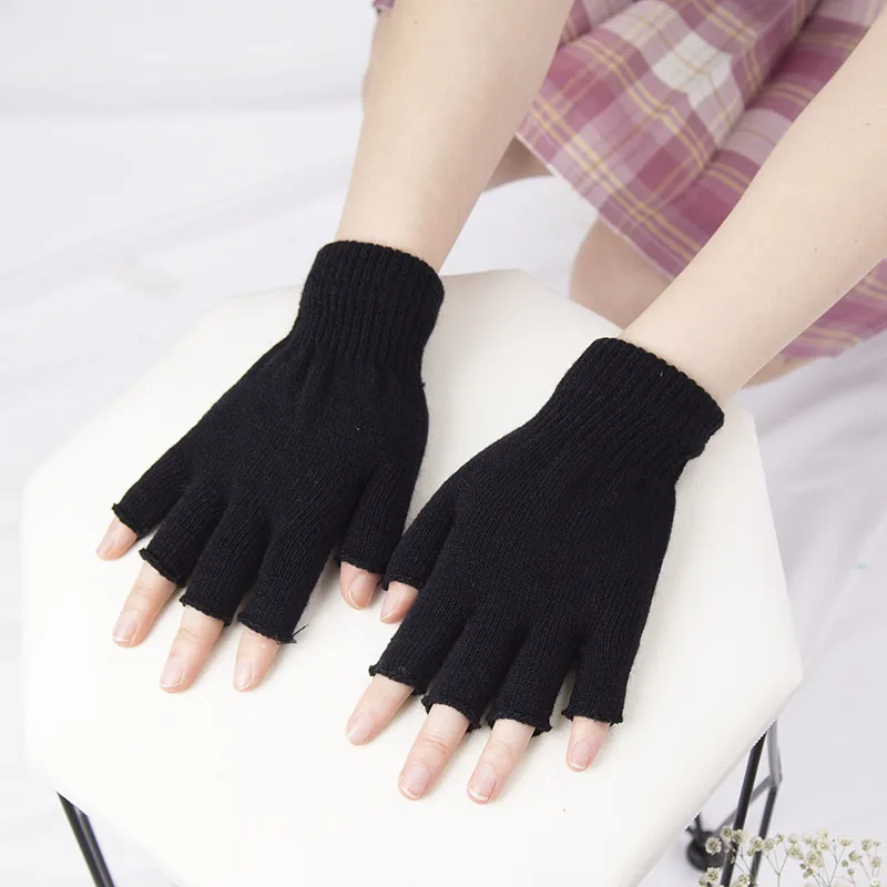 1Pair Black Unisex Half Finger Fingerless Gloves for Women Men Wool Knit Wrist Cotton Gothic Gloves Winter Warm Workout Gloves
