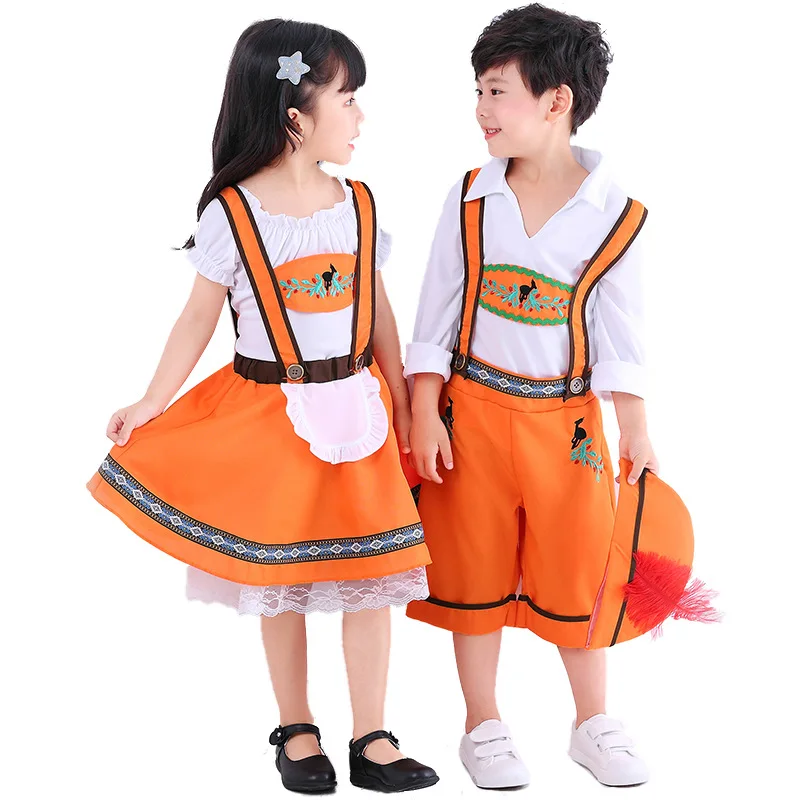 

Children Orange Lederhosen Oktoberfest Costume German Bavarian Oktoberfest Kids Boy Girl Stage cosplay Show Fancy Party Dress