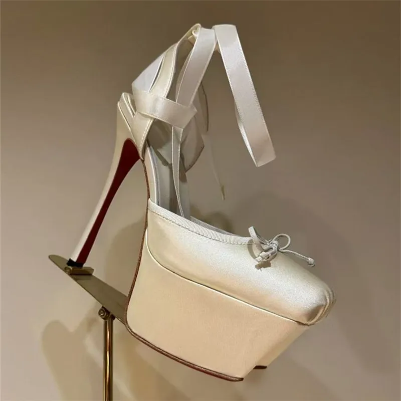 Women Lace-Up High Heeled Shoes for Woman's Square Toe Thin Heels Platform Pumps Mujer Pleated Slingback Wedding Luxury Sandals 4
