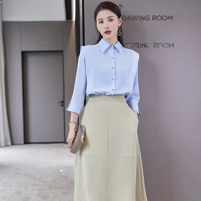 Blusas y camisas de moda para mujer, falda de dos piezas y Top conjuntos de  media manga, ropa de trabajo azul cielo - AliExpress