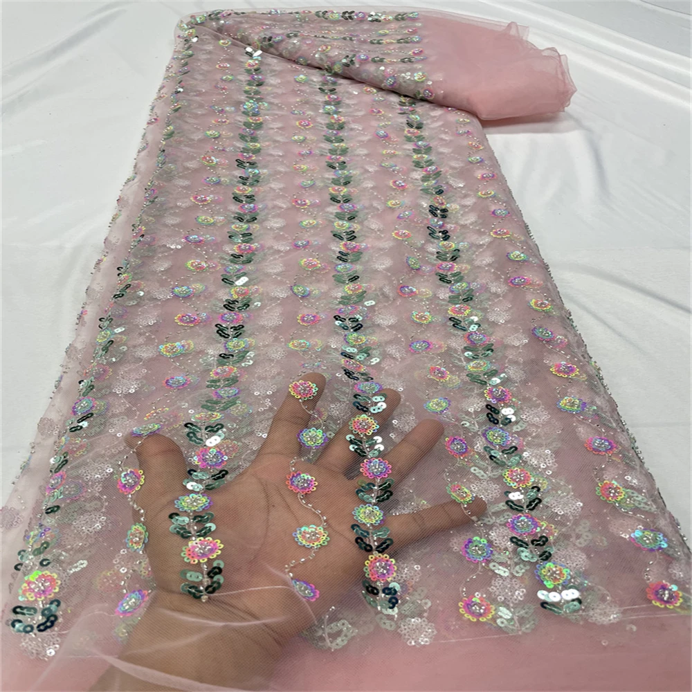 

2023 New Design Handmade Beaded And Sequins Lace Fabric High Quality African Laces Embroidery Nigerian Tulle Lace Fabric CD1805
