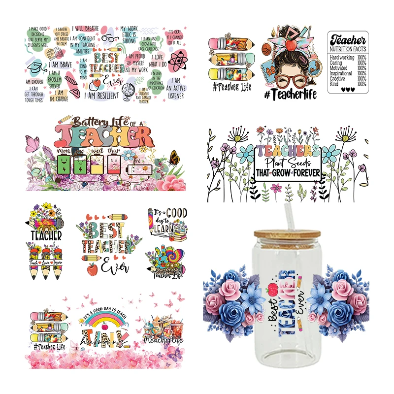 UV DTF 전송 스티커 교사 테마 16oz Libbey 안경 랩 컵 수 DIY 방수 사용하기 쉬운 사용자 정의 데칼 D10763
