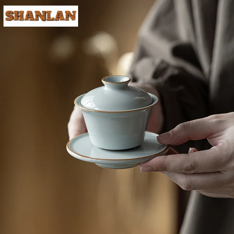 80ML High End Azure Ru Kiln Ceramic Gaiwan Elegant Three Talent Hand Grip Tea Tureen Tea Maker Cover Bowl For Ornaments Gift