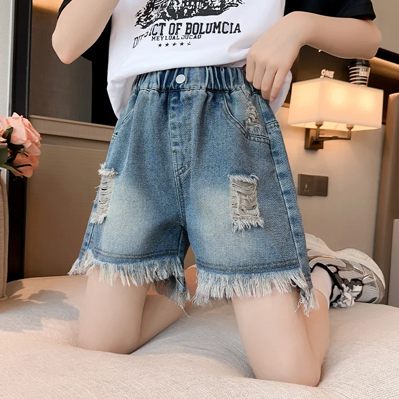 핫세일 키즈 한국 스타일 데미지 데님 반바지, 태슬 장식, 십대 소녀용, 신축성 허리밴드, 스트레이트 레그 미니 청바지, 어린이 여름 반바지