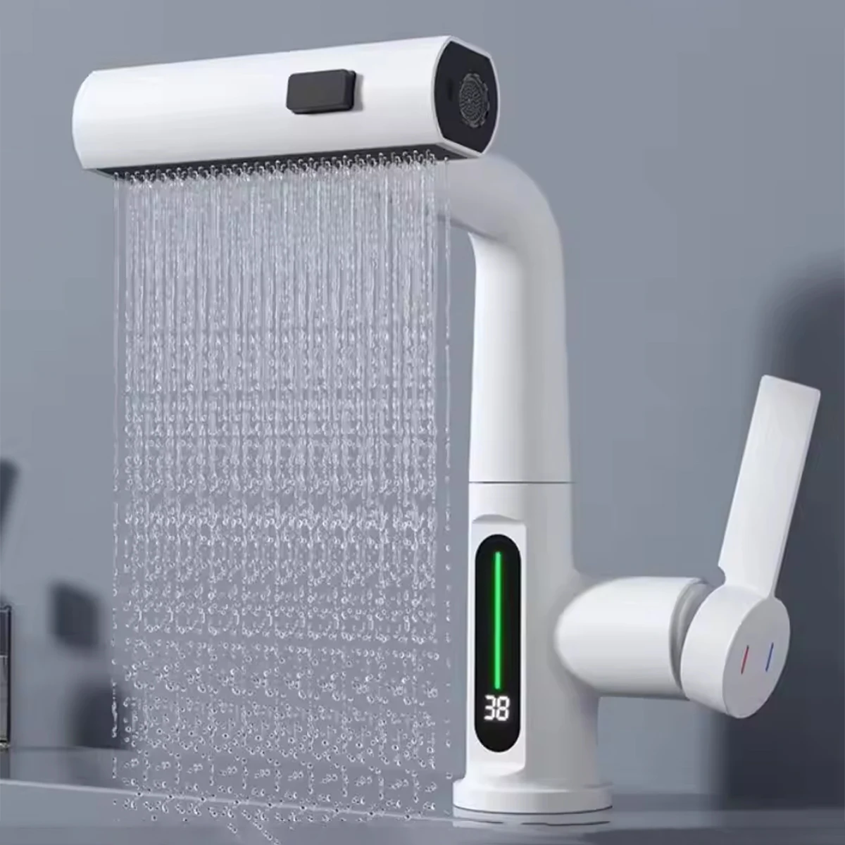 Golden Waterfall Temperature Digital Display Water Basin Faucet Hot/Cold Sink Mixer Bathroom/Kitchen Faucet Pullable Faucet