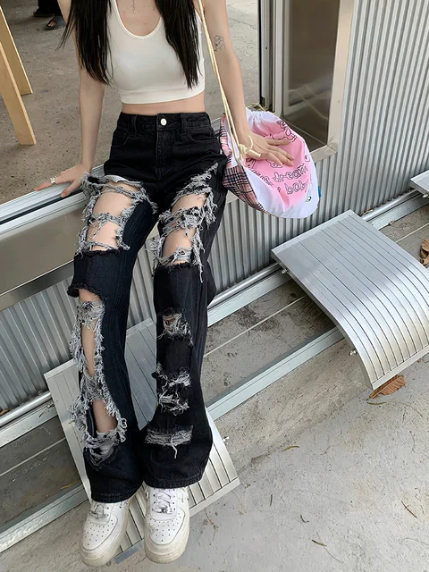 New All-Match Y2k Distressed Women Broken Hole Jeans High Street Hip Hop High Waist Straight Loose Trousers Washed Mopping Pants 5