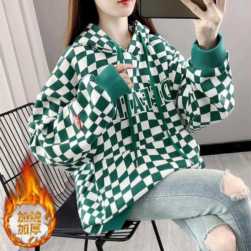 2023 Spring Autumn Hoodies Women New Fashion Warm Fleece Thickened Hoodies Plaid Hooded Clothes