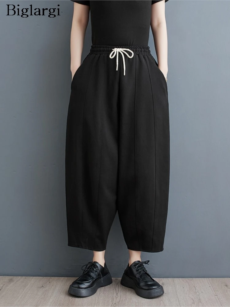

Брюки женские оверсайз с эластичной завышенной талией, повседневные Свободные плиссированные модные штаны с широкими штанинами, черные, весна-лето