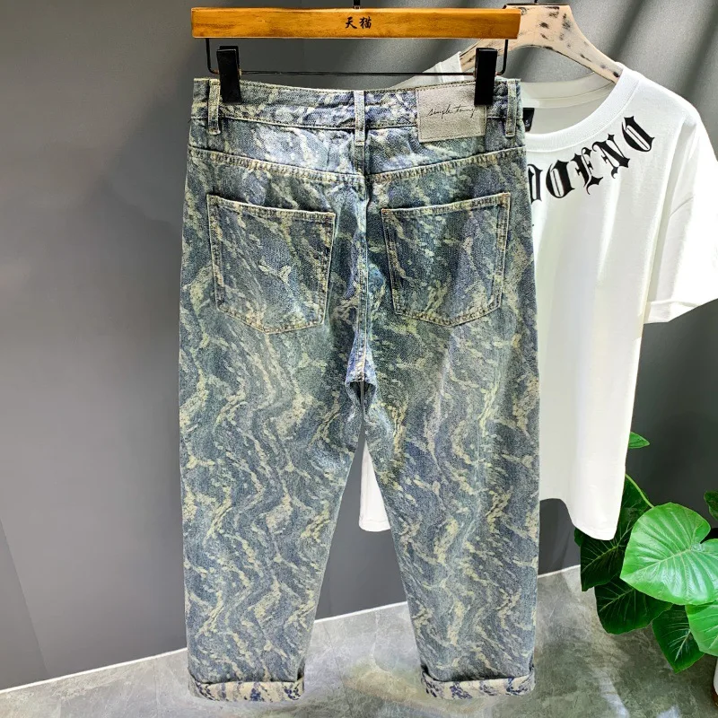 High Street Trendy American Jacquard Full Print Jeans Men Loose Straight Personalized Wide Leg Pants for Men