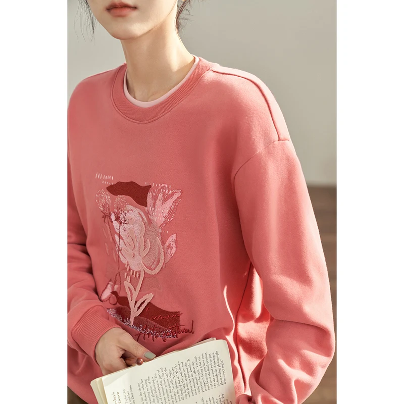 INMAN Women Sweatshirts 2023 Autumn Long Sleeves Round Neck Loose Hoodies Contrasting Embroidery Casual All-match Red Tops