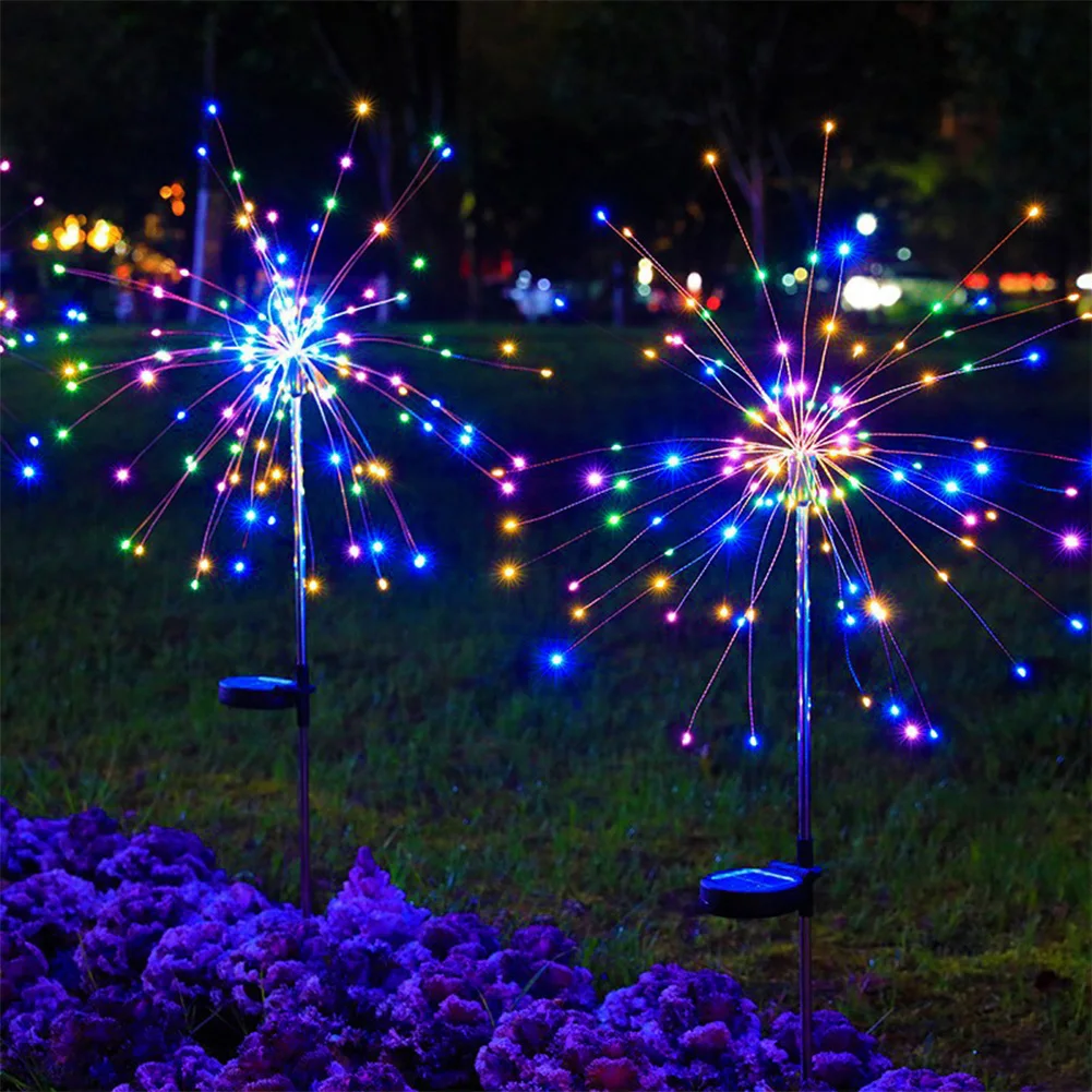2 pièces lumières féeriques solaires extérieures 200 LED fil de cuivre feux d'artifice solaires étanche pour cour Patio voie pelouse parterre de fleurs décor