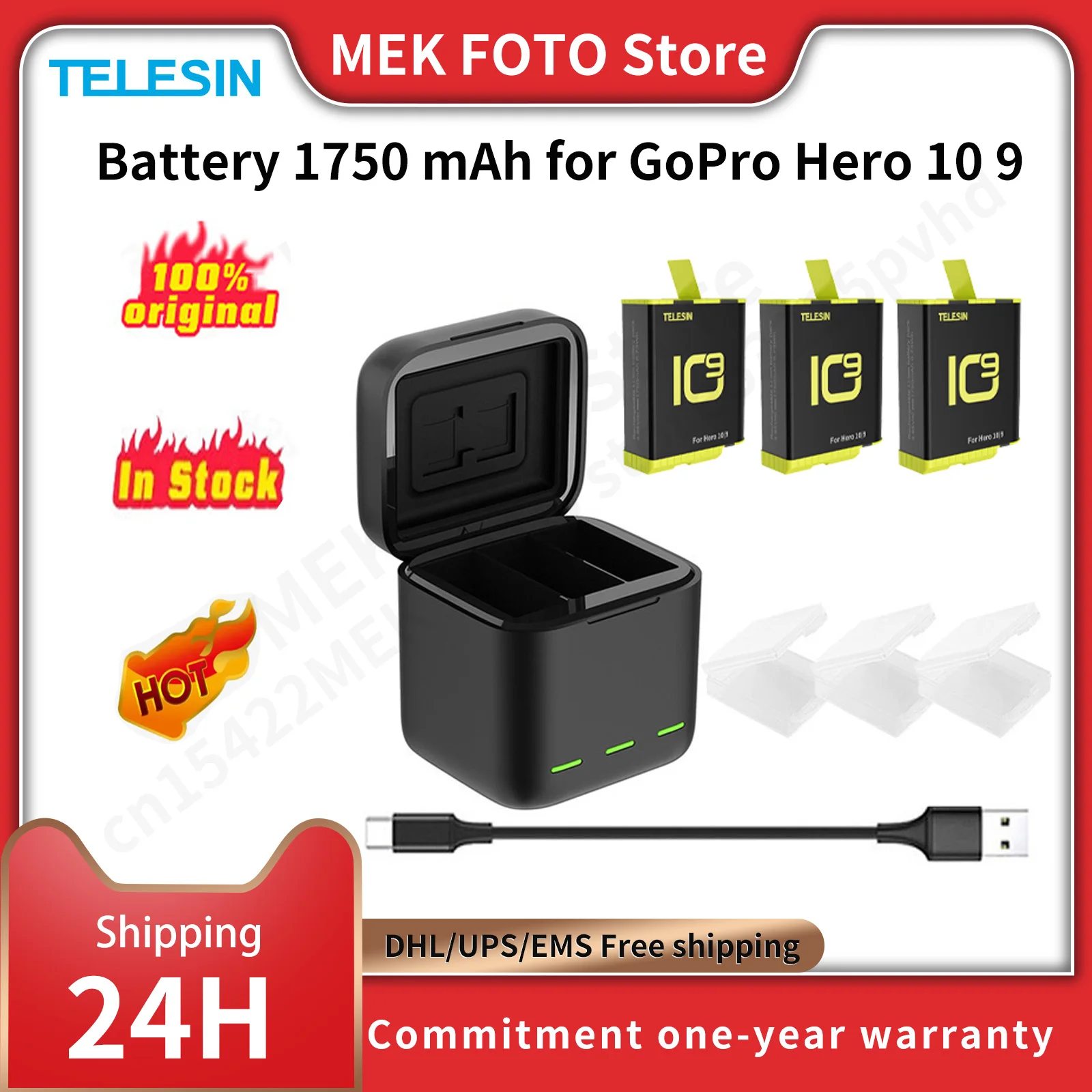 Telesin – Batterie 1750 Mah Pour Gopro Hero 11 10 9, 3 Emplacements,  Chargeur Avec Lumière Led, Carte Tf, Boîte De Rangement Pour Gopro 9 10 11  - Batteries Numériques - AliExpress