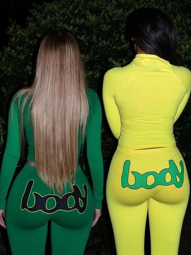 Nibber Printing Women 2 Piece Set Letter Zip Crop Top+Legging Matching Street Stretch Skinny Streetwear Casual Sporty Outfits