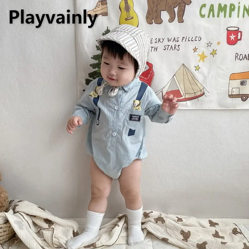 

Spring Baby Boy Girl Bodysuit Braces Bear White Blue Lapel Long Sleeve Jumpsuit Newborn Clothes E6832