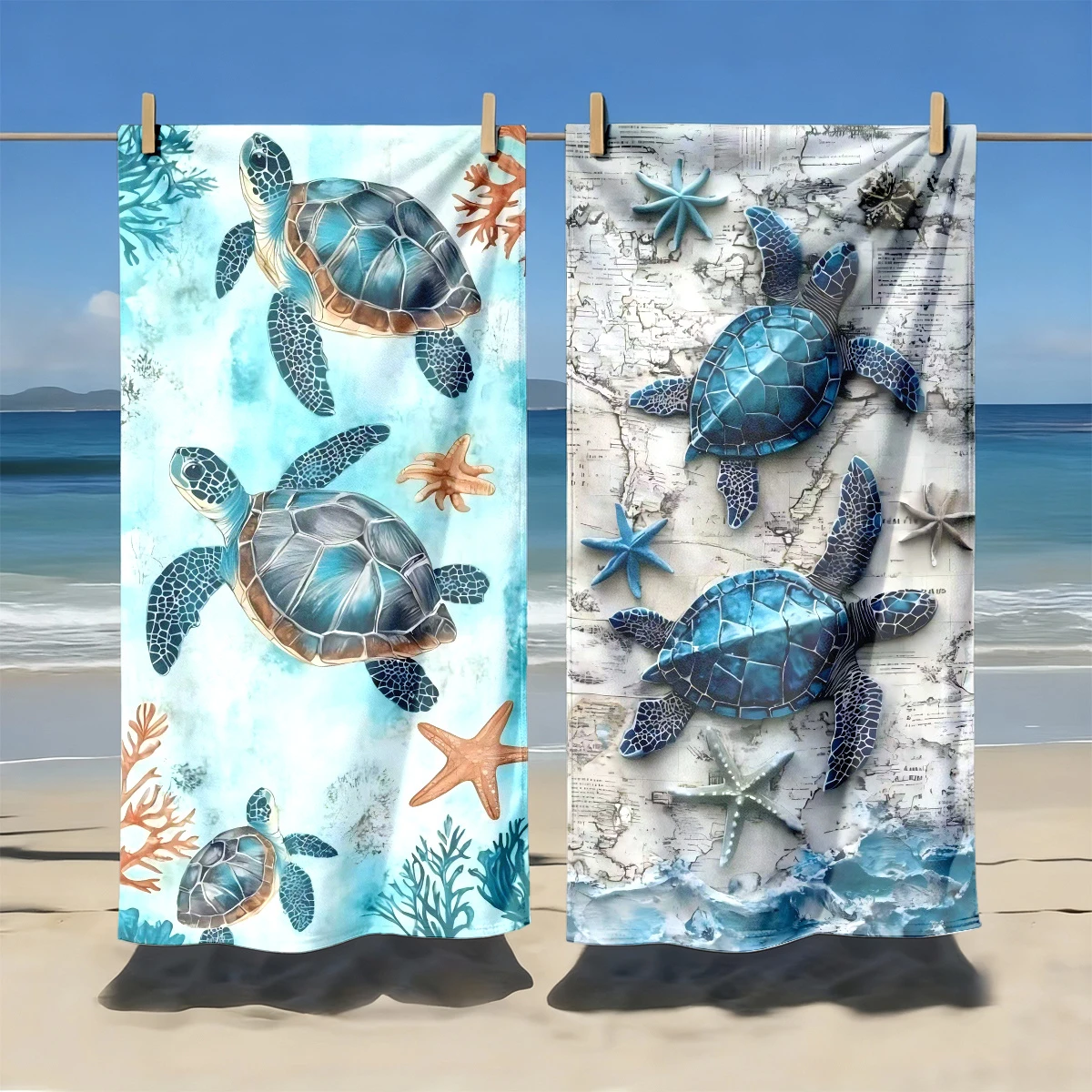Set Of 2 Assorted Summer Beach Towels Ocean Turtle Starfish Prints_voghion.com